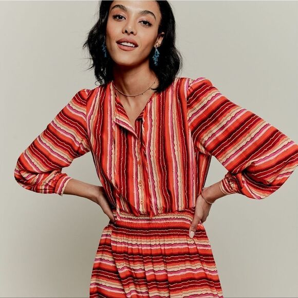 Tucker Juliette Dress Orange Lorden Stripes in Crepe de Chine Silk Ruffle Boho - Picture 3 of 4